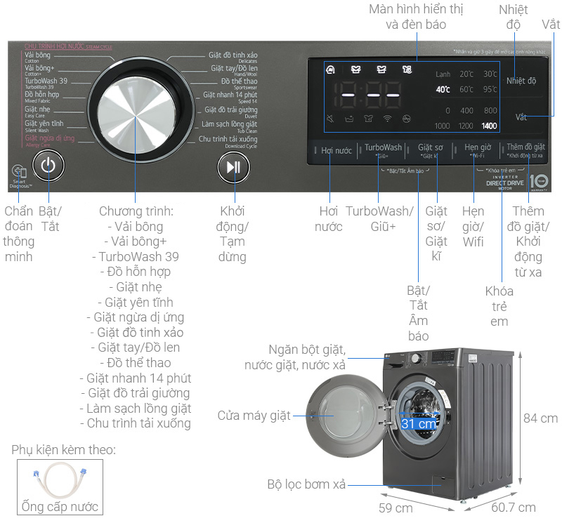 máy giặt LG AI DD Inverter 12 kg FV1412S3B dễ sử dụng, thân thiện với người dùng